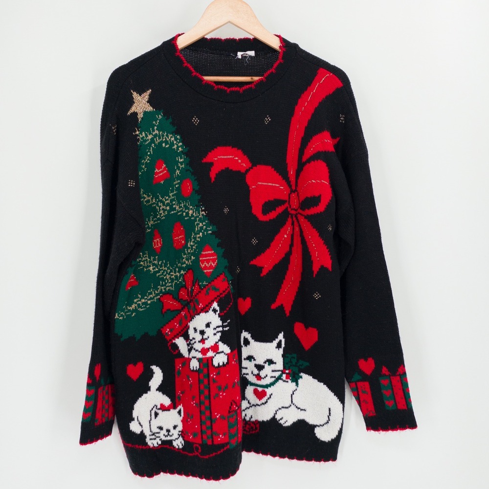 Vintage Cat Christmas Sweater Women XL Black Ugly Holiday Granny Novelty 90s